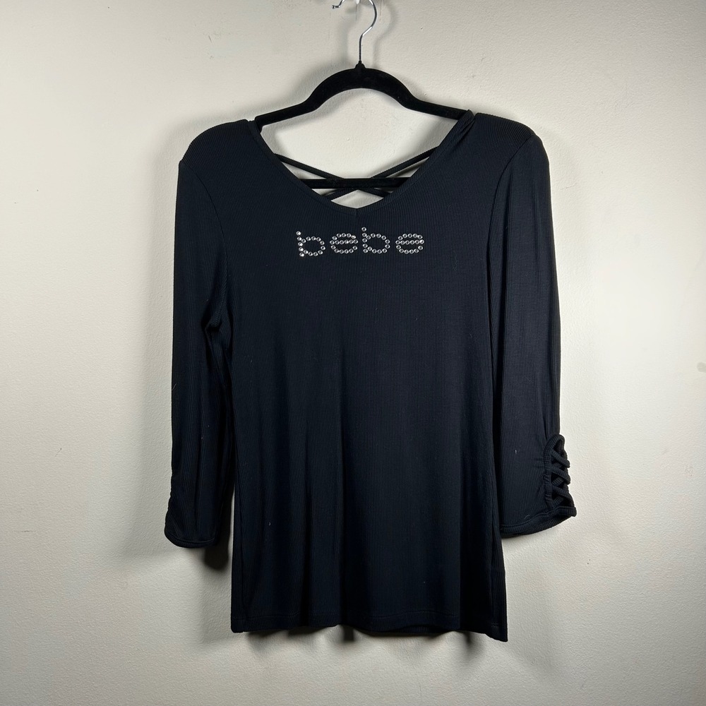 Bebe Ribbed Top Women Medium Black Y2K Rhinestone Logo Criss Cross V-Neck Shirt